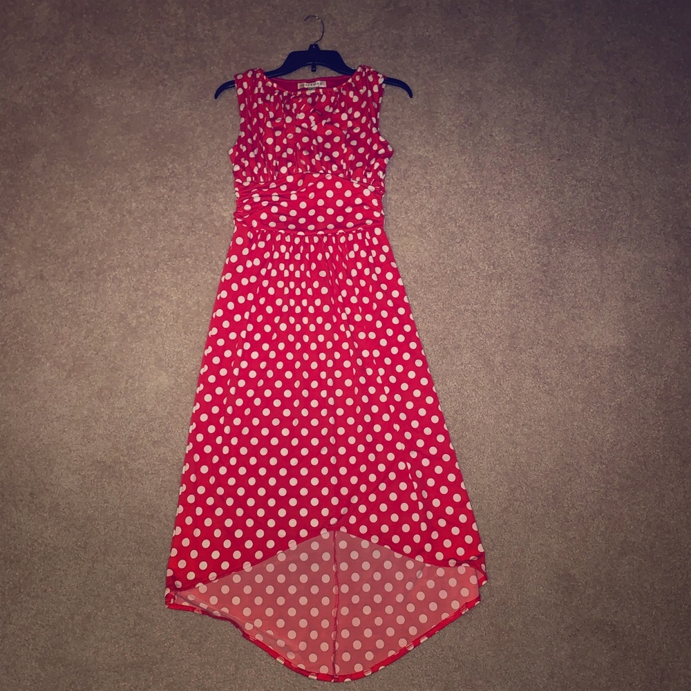 Red silky dress with white polka dots